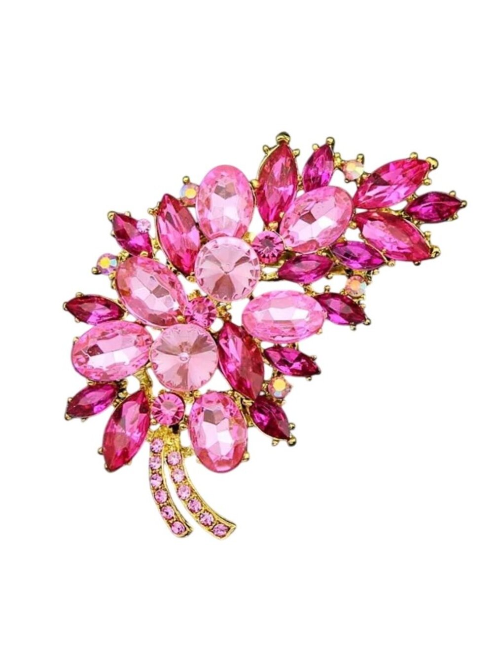 Pink Rivoli Rhinestone Cluster Brooch Pin God Tone